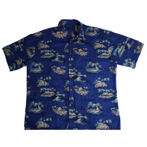 Vintage Pierre Cardin Blue Boat Island Hawaiian Vacation theme Shirt Mens XL